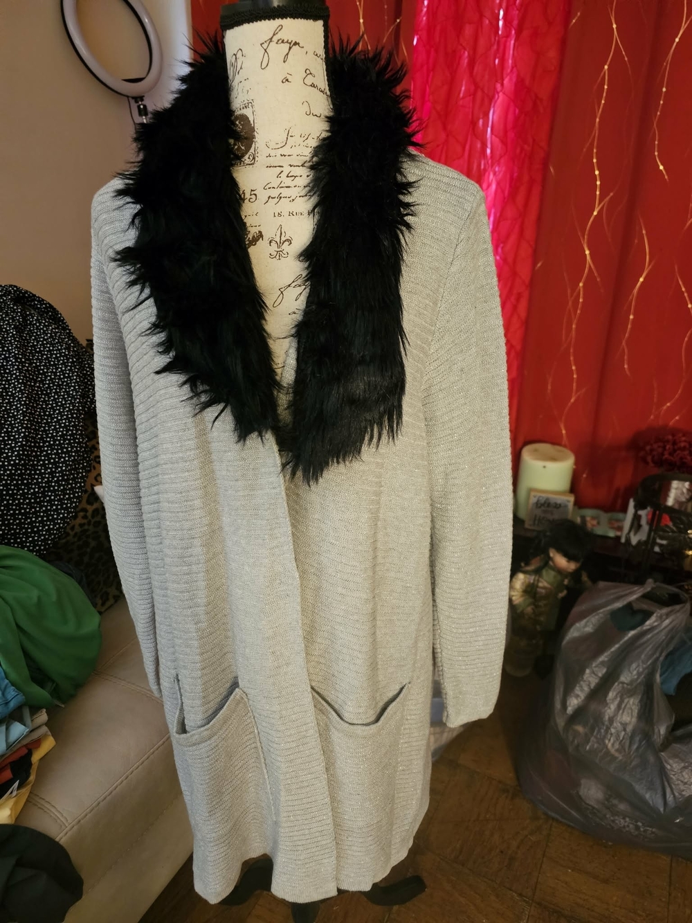 Faux-Fur Collar Open Cardigan Sweater - Light Gray